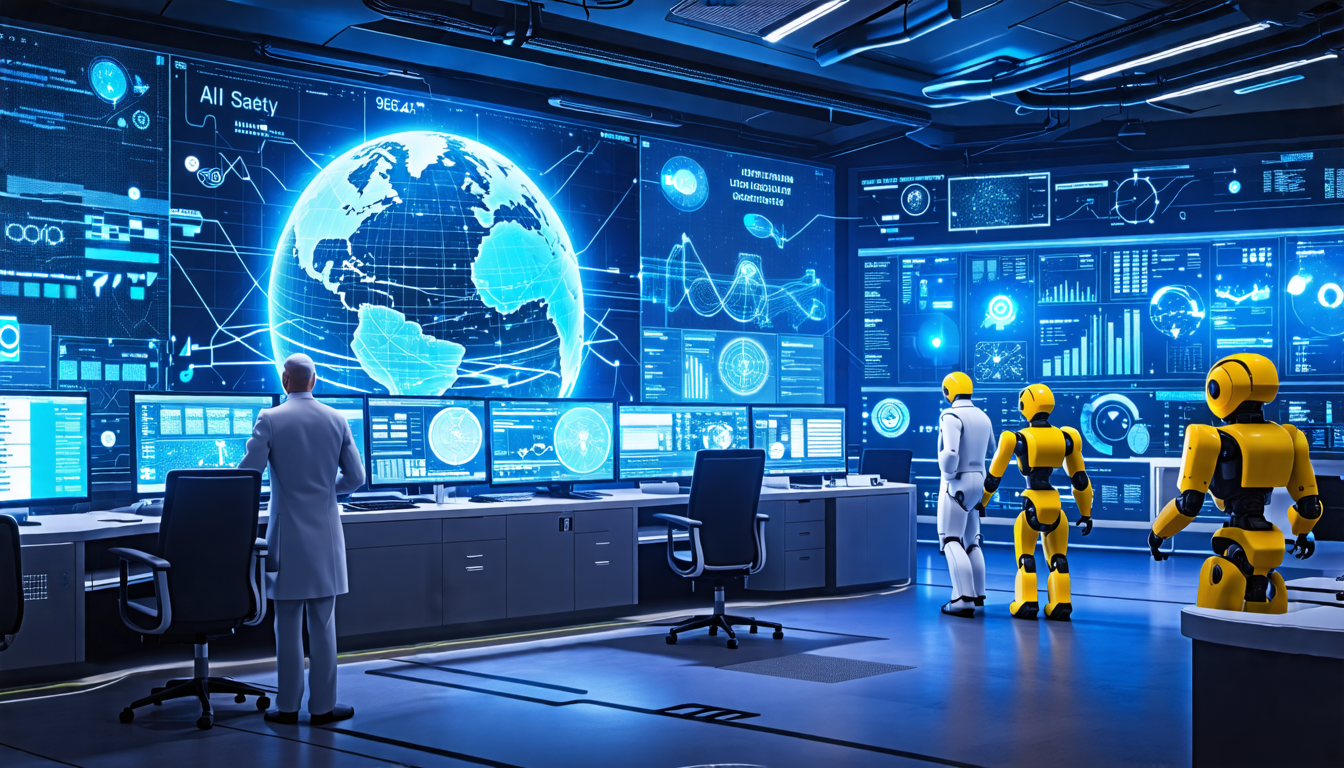 A futuristic scene depicting a high-tech control room where scientists and engineers are collaborating to enhance AI safety systems. The room is filled wit