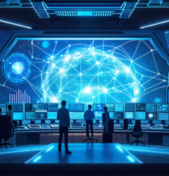 Create an image depicting a futuristic, high-tech control room dedicated to AI safety systems. In the center, a large holographic display shows interconnec