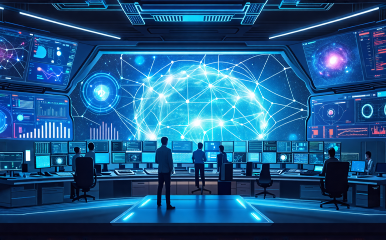 Create an image depicting a futuristic, high-tech control room dedicated to AI safety systems. In the center, a large holographic display shows interconnec