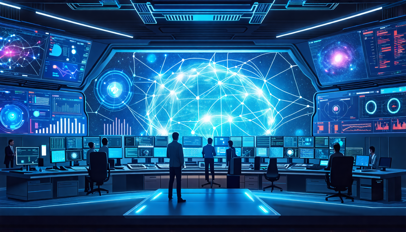 Create an image depicting a futuristic, high-tech control room dedicated to AI safety systems. In the center, a large holographic display shows interconnec